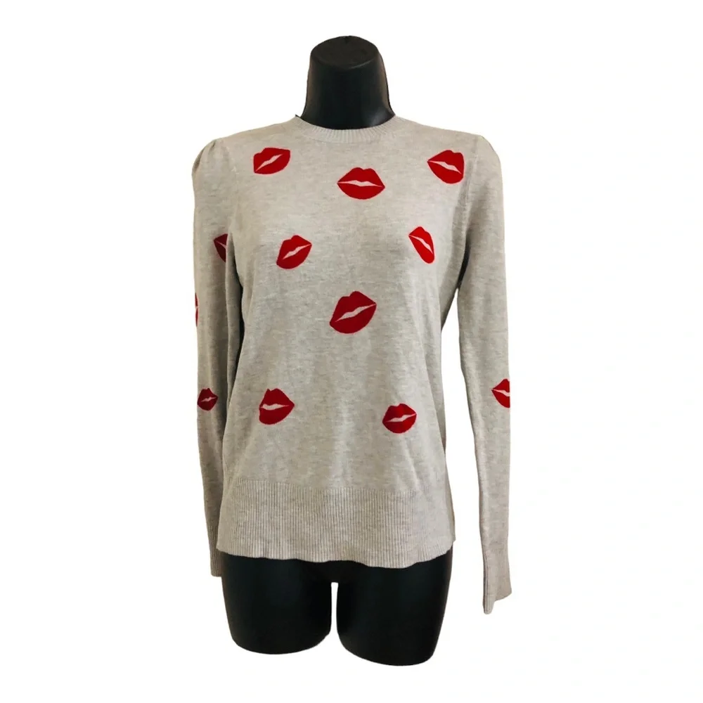 Grey red lipstick femme lips crewneck long sleeve knit sweater size XS brand new